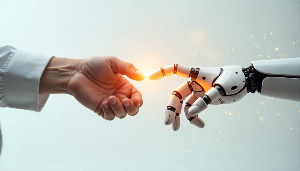 Conexão entre mão humana e mão robótica com luz digital, representando a interação entre estratégias de SEO e inteligência artificial generativa.