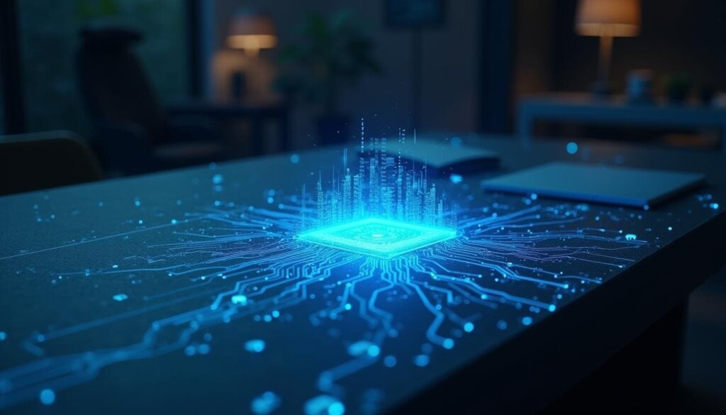 Engenharia complexa de SEO: Placa de circuito e holograma de Knowledge Graph simbolizando a era da busca por entidades e Inteligência Artificial