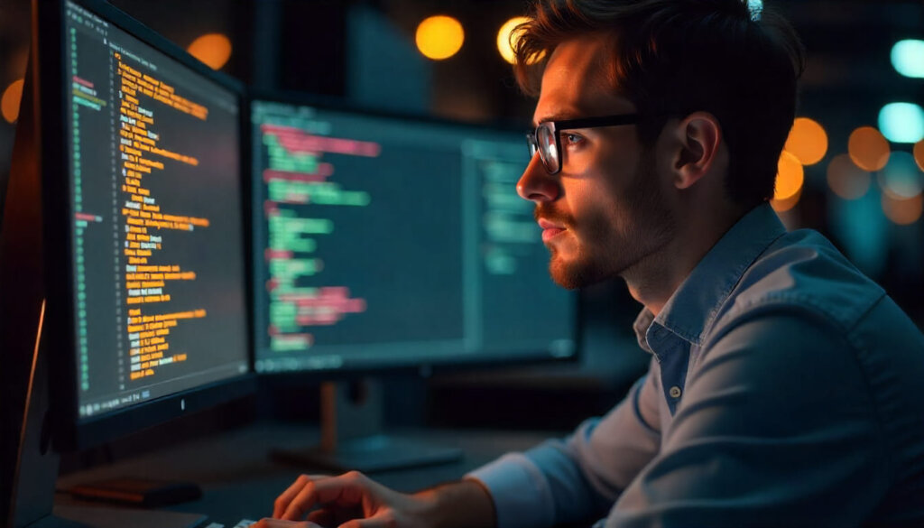 Cientista de dados trabalhando com inteligência artificial e processamento de linguagem natural para otimização de SEO.