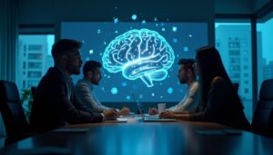 Profissionais de marketing em reunião estratégica analisando a intersecção entre o SEO para Inteligência Artificial e a busca generativa, com um cérebro digital simbolizando os LLMs.