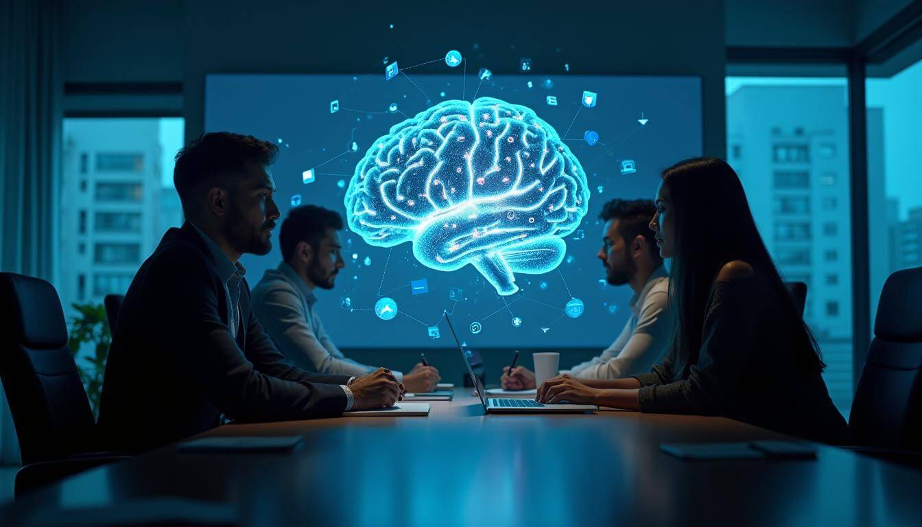 Profissionais de marketing em reunião estratégica analisando a intersecção entre o SEO para Inteligência Artificial e a busca generativa, com um cérebro digital simbolizando os LLMs.