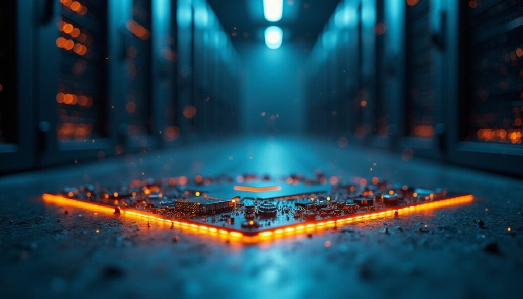 Fotografia ultrarrealista de um circuito embutido em uma fundação de concreto, representando o SEO Técnico como a base de engenharia de um projeto digital.