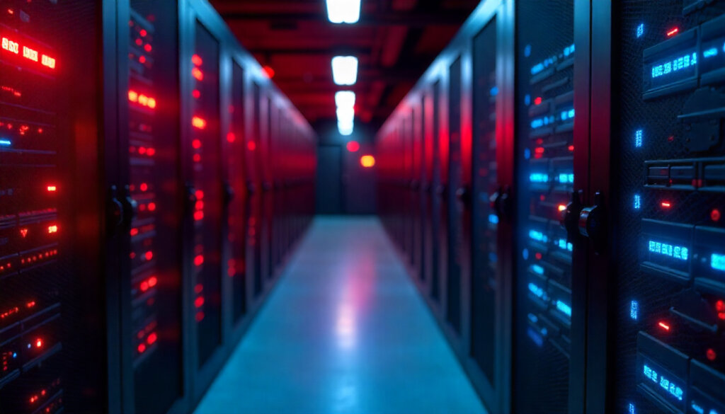 Uma sala de servidores organizada com cabos perfeitamente conectados, simbolizando a base sólida do SEO técnico para o GEO SEO.