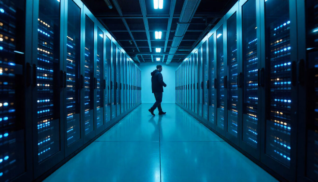 Sala de servidores moderna com luzes azuis e figura em movimento rápido, ilustrando a velocidade e performance do site. 