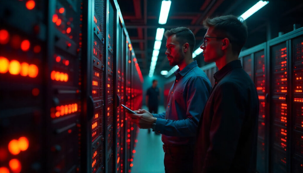 Profissionais de TI analisando servidores em data center, representando a infraestrutura técnica de rastreamento e indexação de SEO.