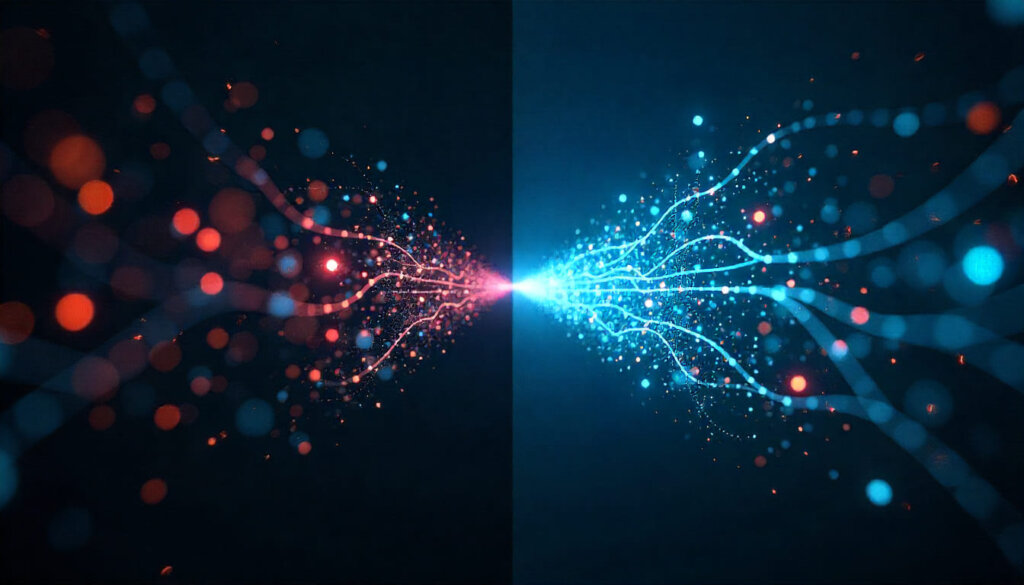 Imagem conceitual comparando um caminho de código lento e complexo (CSR) com um bloco de código direto e instantâneo (SSR/SSG), ilustrando o SEO para JavaScript.
