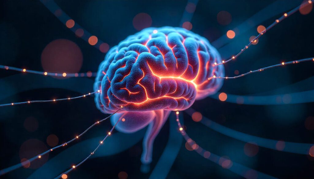 Detalhe macro de fibras ópticas e circuitos formando uma rede neural, representando o processamento de busca generativa e o SGE do Google.