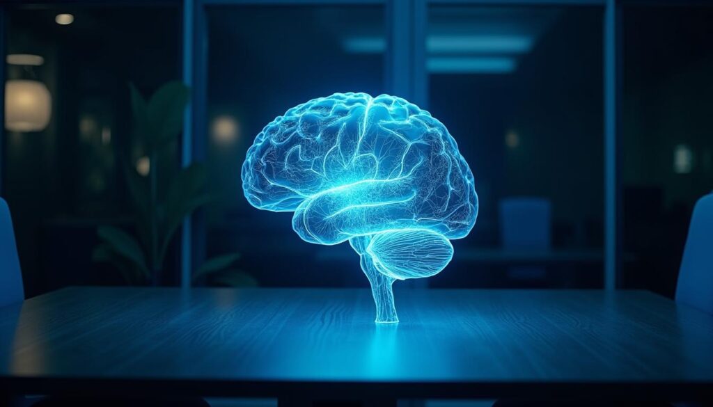 Cérebro de vidro com redes neurais digitais iluminadas representando o conceito de SGE SEO e a revolução da IA na busca orgânica.