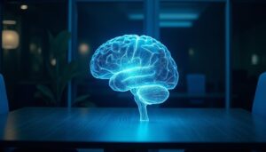 Cérebro de vidro com redes neurais digitais iluminadas representando o conceito de SGE SEO e a revolução da IA na busca orgânica.