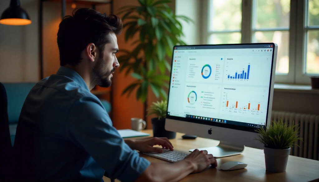 Sinergia entre SEO e Mídia Paga (PPC), com um estrategista analisando dados dos dois canais.