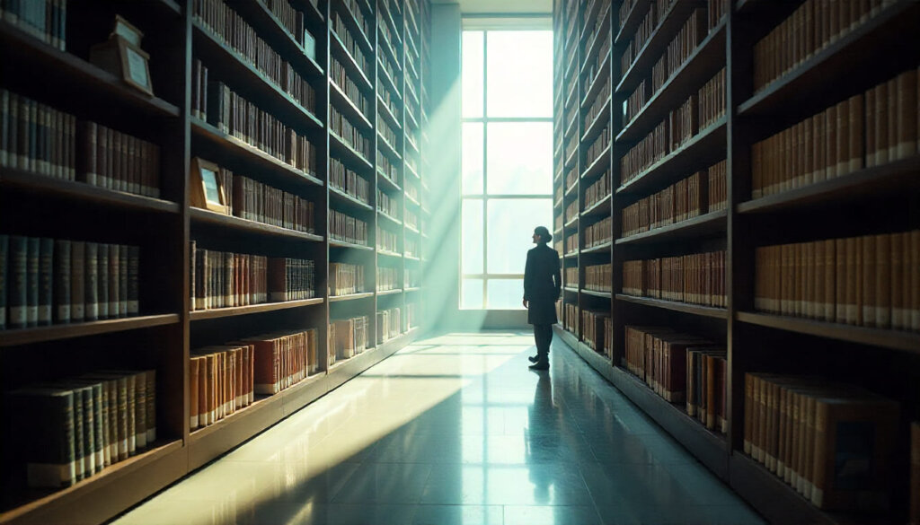 Biblioteca futurista iluminada ilustrando o conceito de Retrieval-Augmented Generation (RAG) e a recuperação precisa de informações para IA.