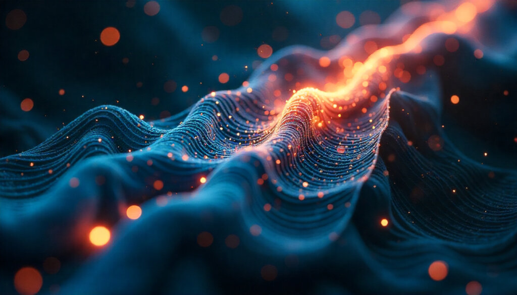 Uma paisagem de dados onde links azuis se dissolvem, dando lugar a uma rede neural de IA organizada, simbolizando a transformação do SEO para o GEO SEO.