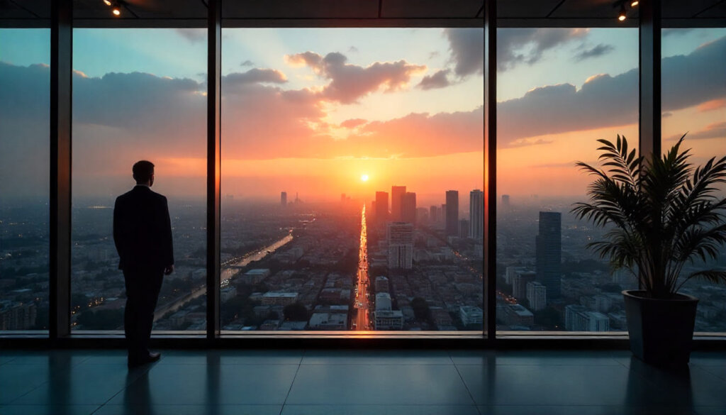 Vista do nascer do sol sobre uma cidade moderna a partir de um escritório, simbolizando o futuro e a nova era da busca generativa e LLMO SEO