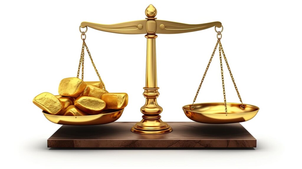 E-E-A-T: Balança de precisão de ouro com peso marcado "E-E-A-T", simbolizando critério de qualidade e sobrevivência em nichos YMYL